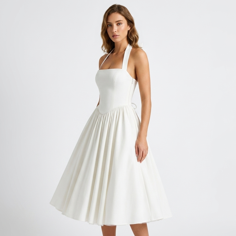 Kobieta prezentująca elegancką białą sukienkę midi halter z rozkloszowaną spódnicą