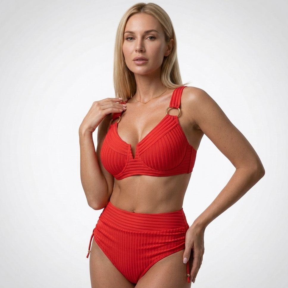 Kobieta w czerwonym prążkowanym bikini z wysokim stanem prezentująca górę z kółkami