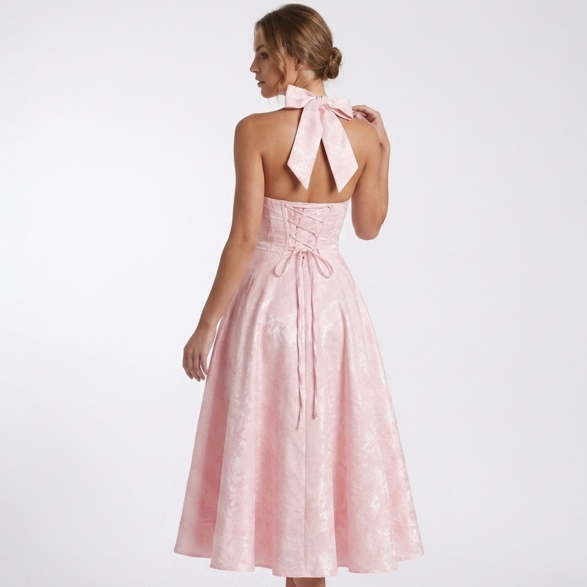 Elegancka sukienka midi z dekoltem halter, widok z przodu, stylizacja wizytowa