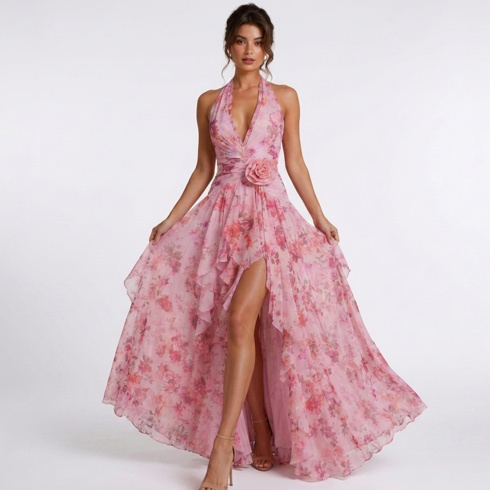 Modelka w różowej sukience maxi w kwiaty z dekoltem halter i falbanami