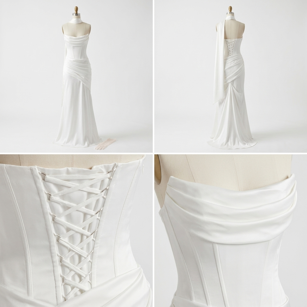 Detal gorsetu i wykończenia materiału eleganckiej sukni damskiej