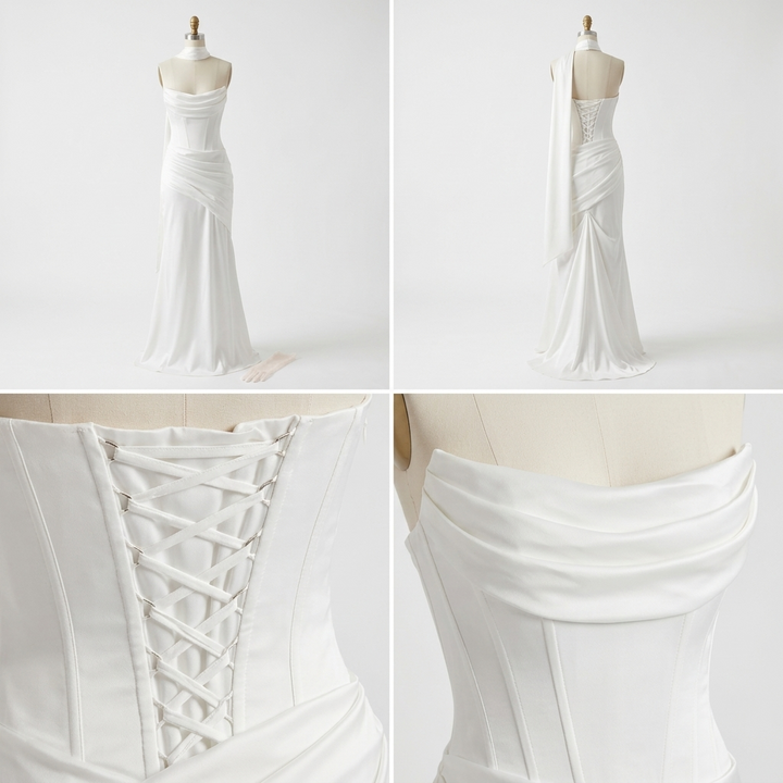 Detal gorsetu i wykończenia materiału eleganckiej sukni damskiej