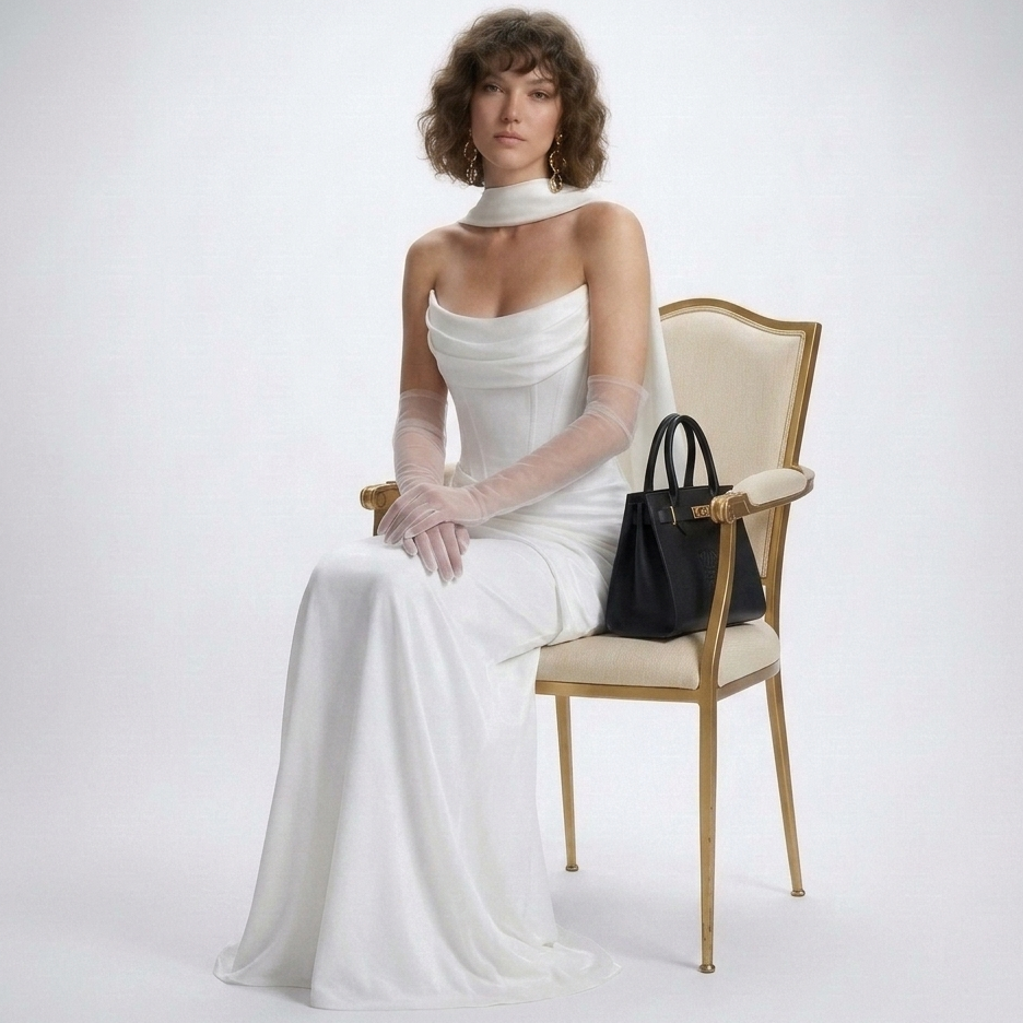 Długa sukienka wieczorowa z dekoltem typu cowl i eleganckim tyłem