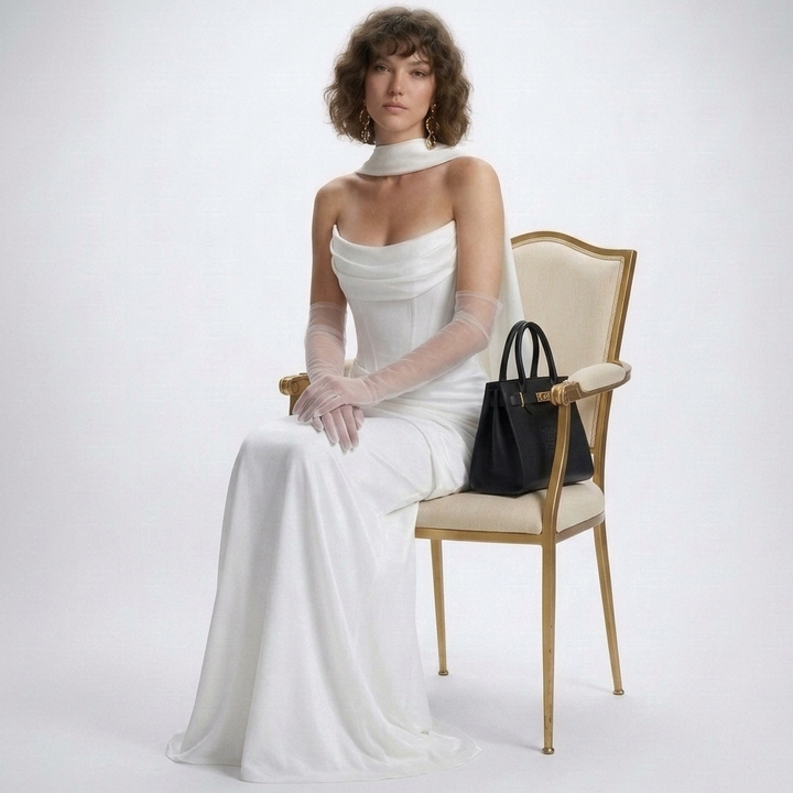 Długa sukienka wieczorowa z dekoltem typu cowl i eleganckim tyłem