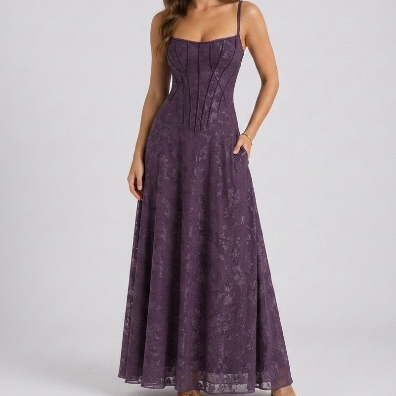 Elegancka sukienka maxi z gorsetem i odkrytymi plecami w kwiatowy wzór