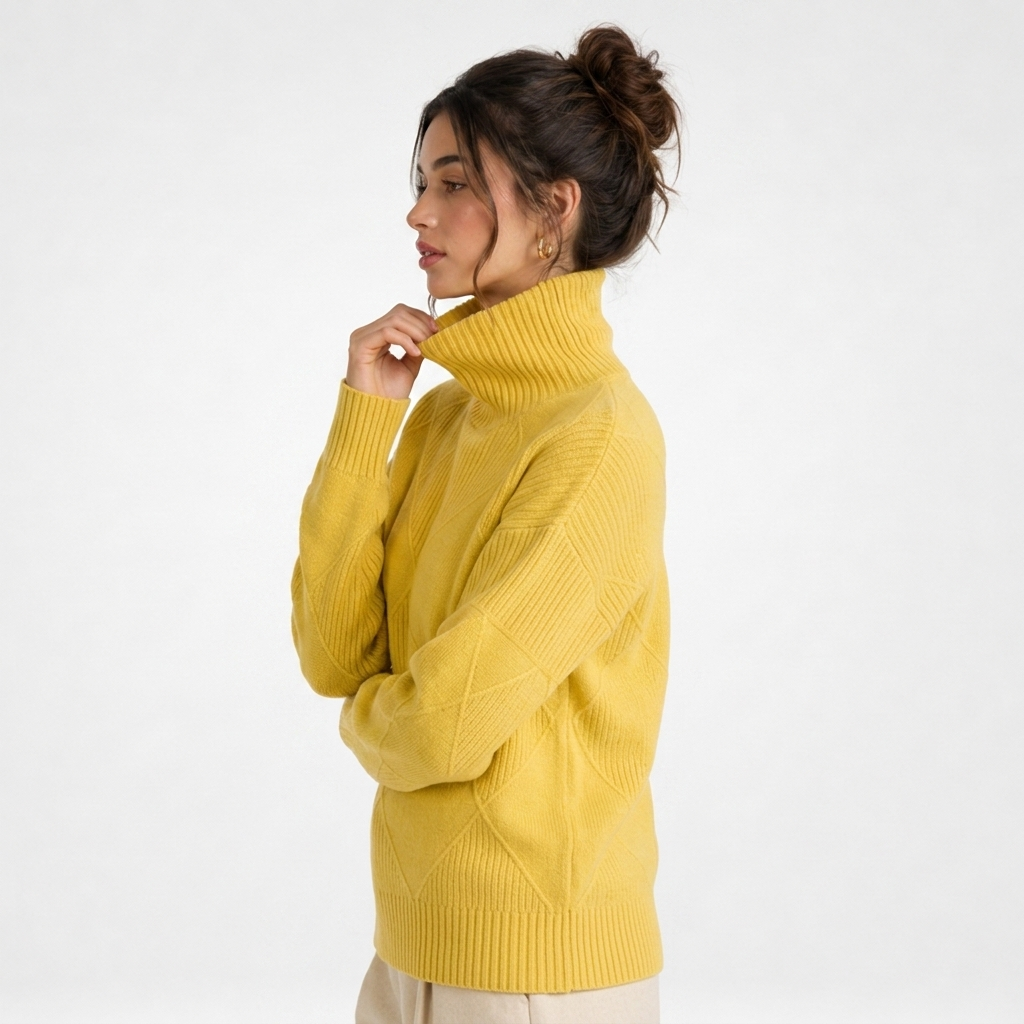 Elegancki sweter damski z golfem prezentujący stylizację