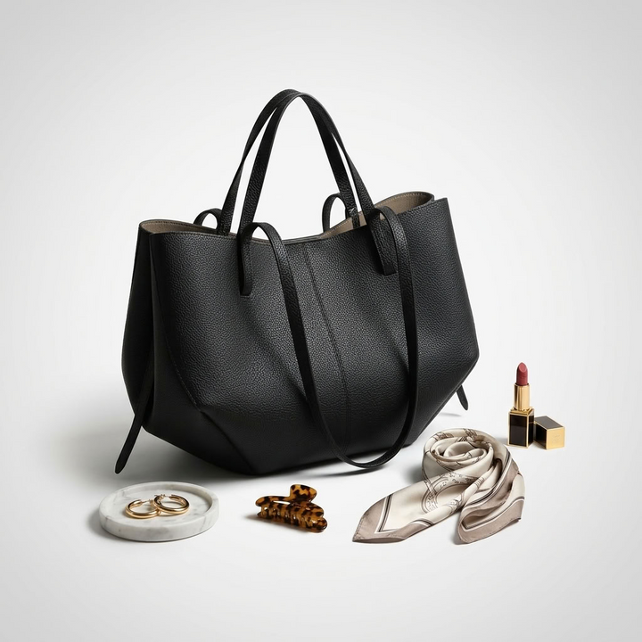 Czarna torba shopper w otoczeniu eleganckich akcesoriów