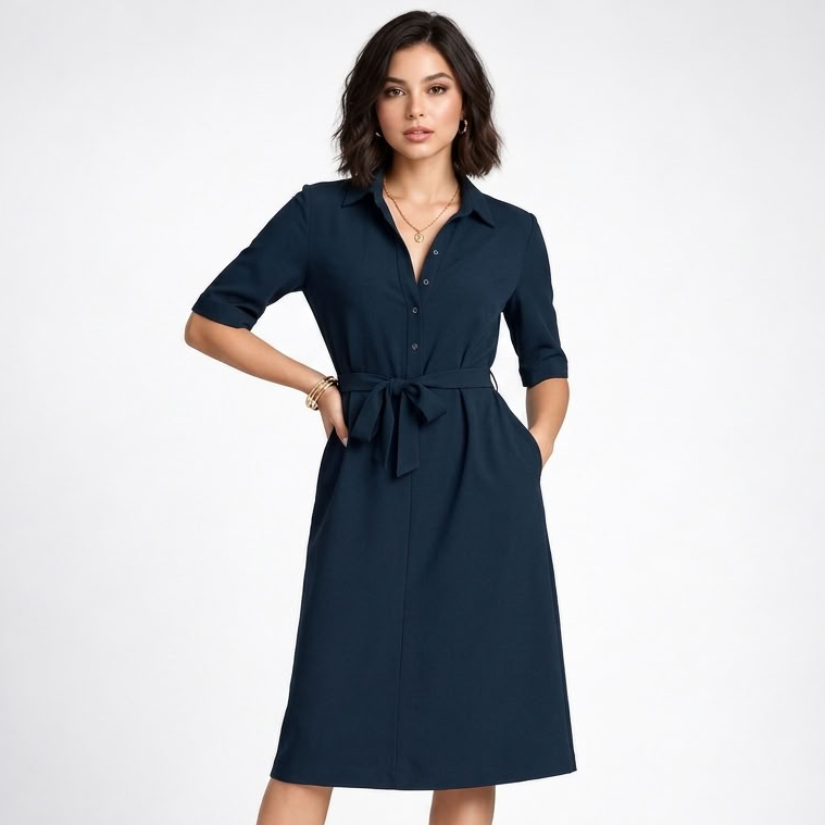Kobieta w eleganckiej granatowej sukience midi z paskiem prezentowana z przodu