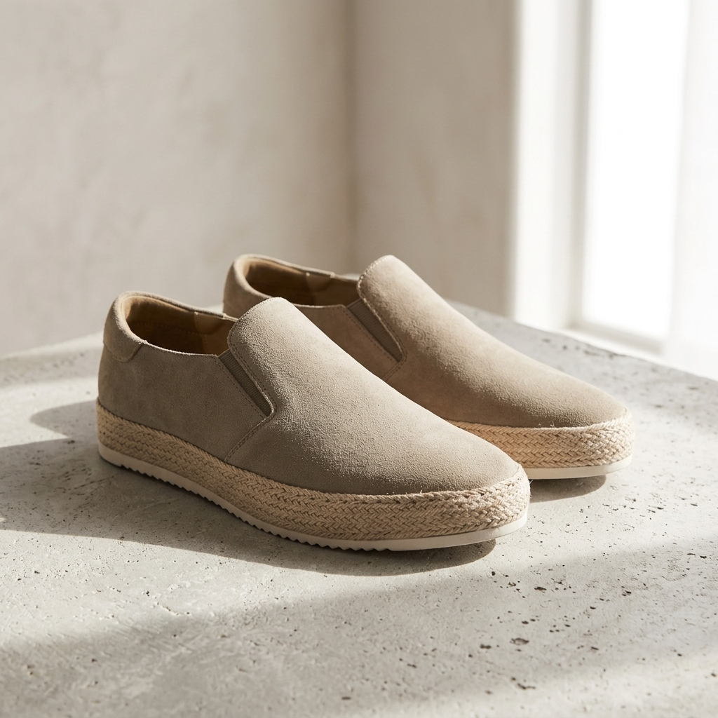 Beżowe męskie espadryle slip-on z plecioną podeszwą na betonowym blacie