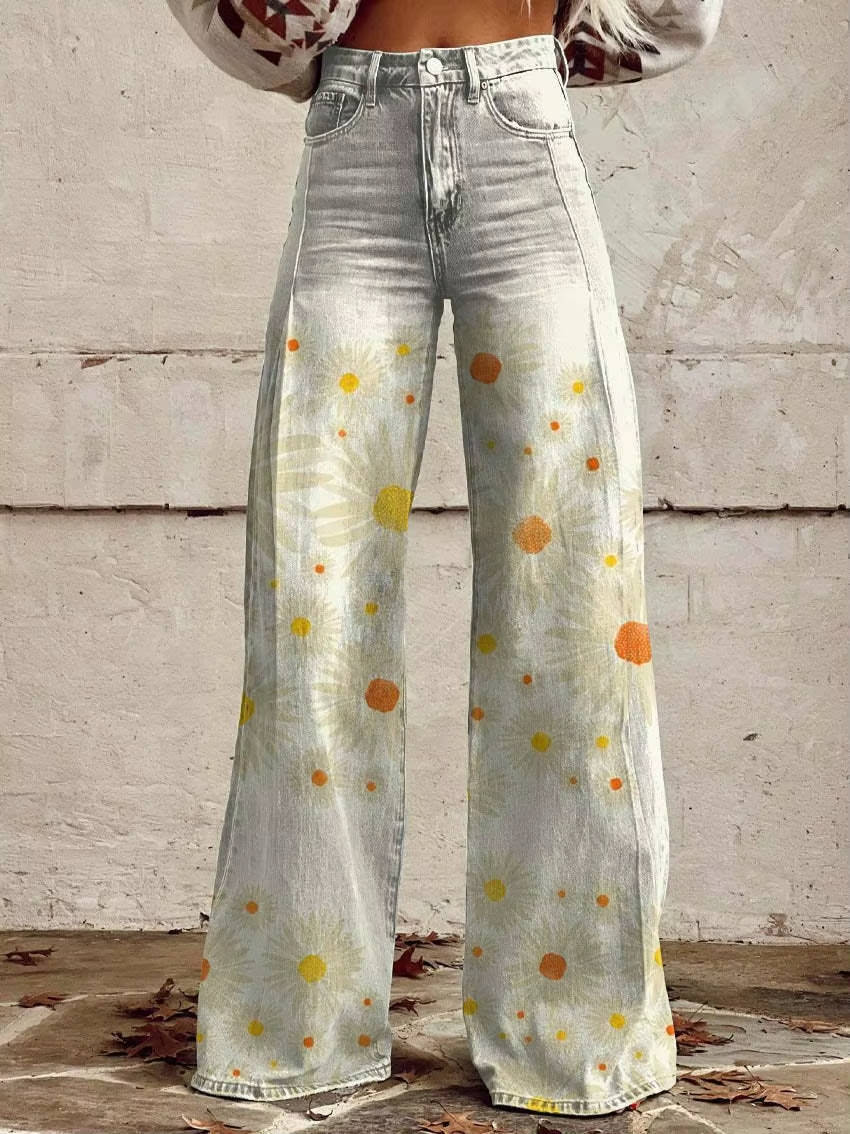 Damskie spodnie w kwiaty z wysoką talią w stylu retro