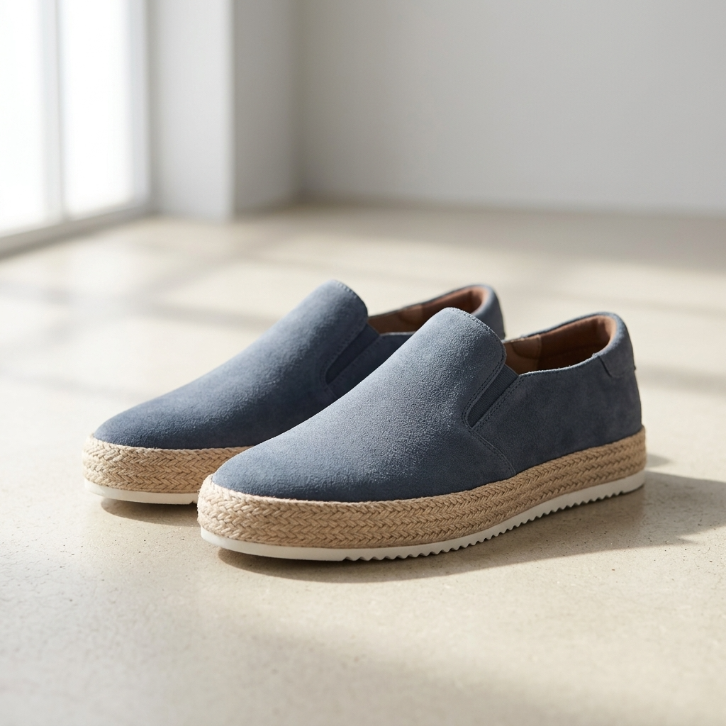 Niebieskie męskie espadryle slip-on w jasnym minimalistycznym otoczeniu