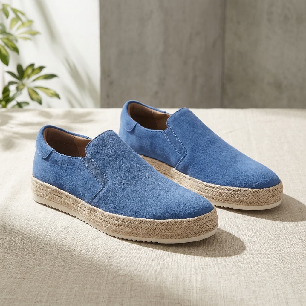 Eleganckie niebieskie espadryle męskie ustawione obok zielonej rośliny