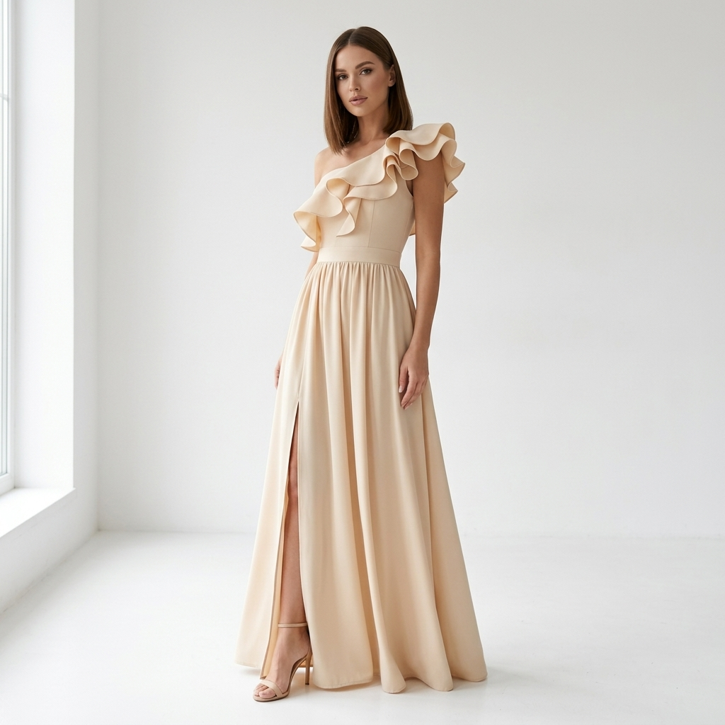 Modelka prezentująca elegancką sukienkę maxi w kolorze beżowym z falbaną na jedno ramię