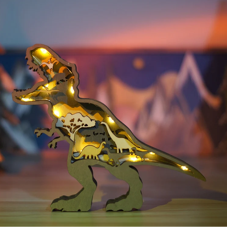 Zestaw drewnianych dinozaurów 3D: figurki Triceratopsa i Tyranozaura, rękodzieło vintage.