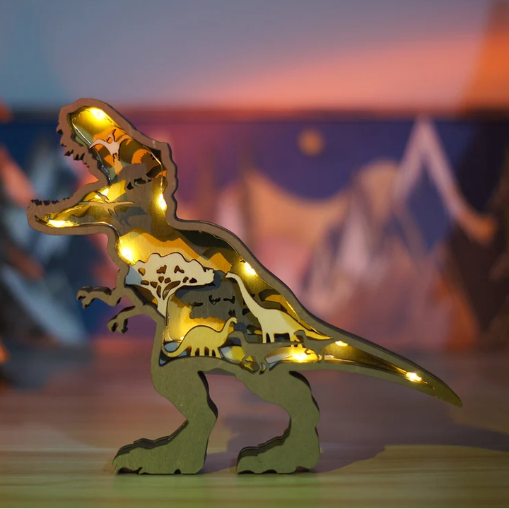 Zestaw drewnianych dinozaurów 3D: figurki Triceratopsa i Tyranozaura, rękodzieło vintage.