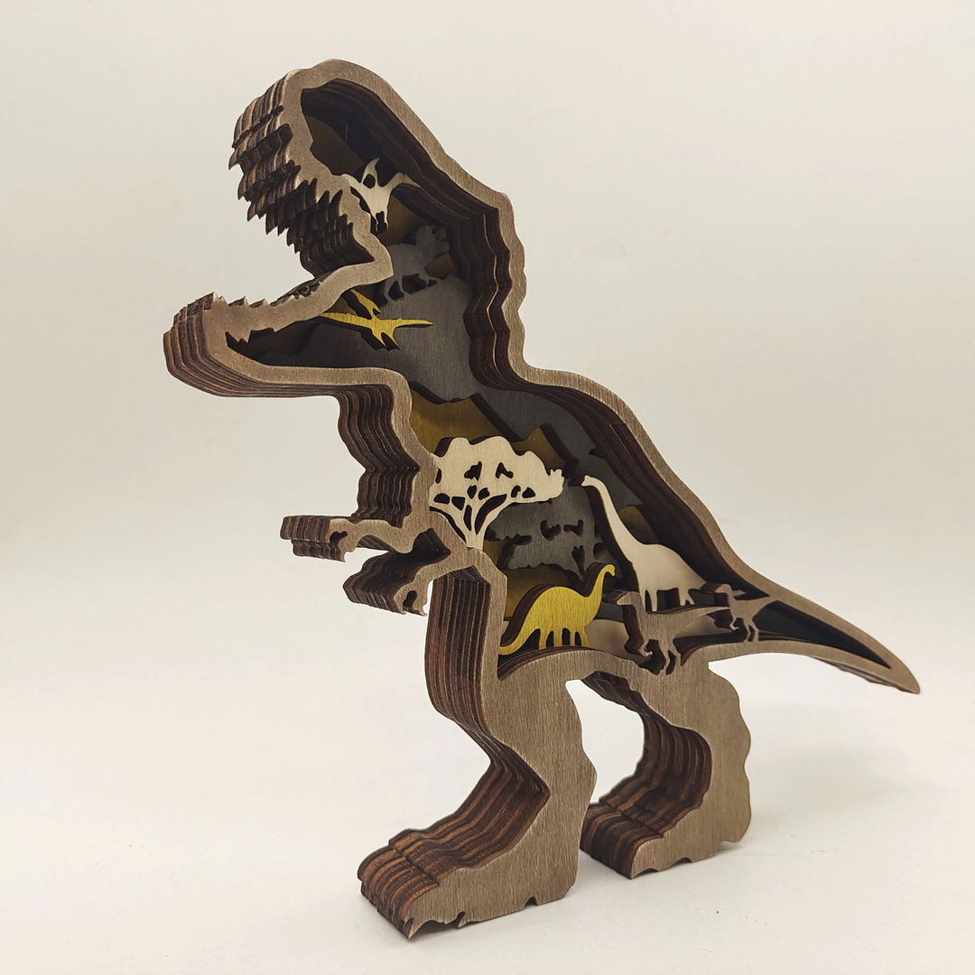 Trójwymiarowa drewniana figurka dinozaura, rzeźbiona dekoracja, wysokiej jakości rękodzieło.