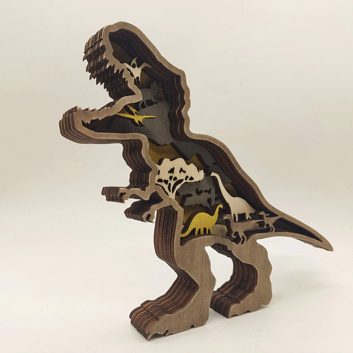 Trójwymiarowa drewniana figurka dinozaura, rzeźbiona dekoracja, wysokiej jakości rękodzieło.