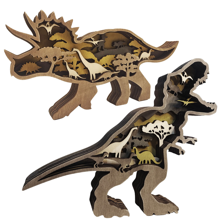 Precyzyjnie grawerowana drewniana figurka dinozaura, rękodzieło 3D, idealne na prezent.