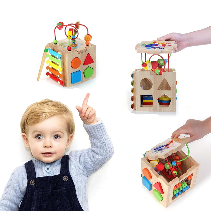 Interaktywna kostka aktywności Montessori 8w1. Drewniana zabawka sensoryczna dla malucha, wspomaga rozwój.