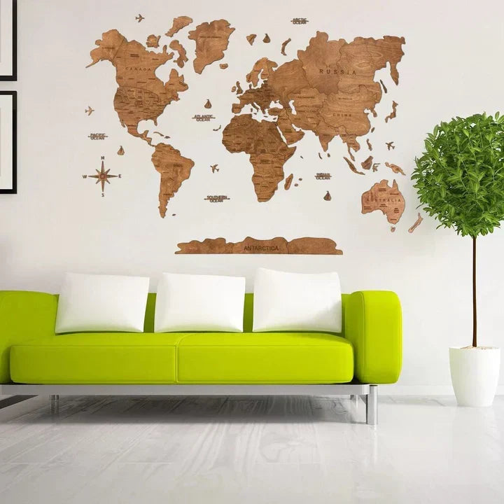 Unikalna drewniana mapa świata 3D na ścianę, idealna do oznaczania odbytych podróży i nowoczesnego wystroju wnętrz.