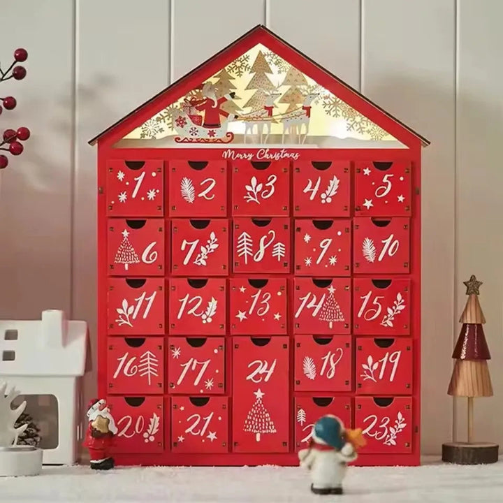 Elegancki drewniany kalendarz adwentowy z 24 numerowanymi szufladkami i nastrojowymi lampkami LED.