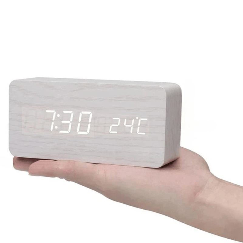 Inteligentny zegar LED drewniany, kompatybilny ze smart home, aktywacja głosem.
