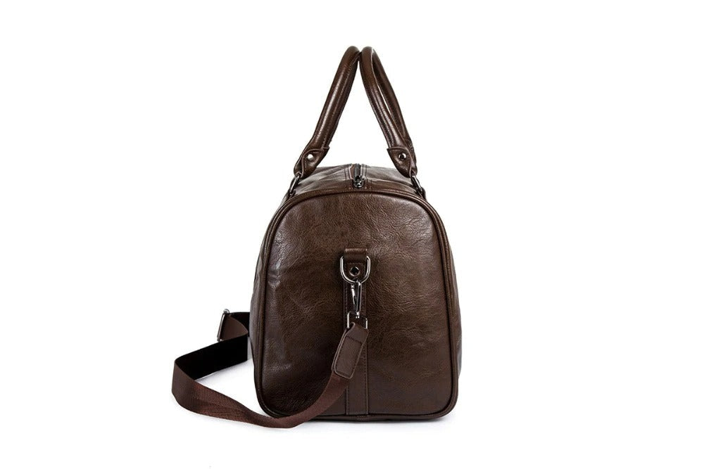 Czarna skórzana torba podróżna duffel, pojemna i wytrzymała, doskonały lekki bagaż podręczny unisex.