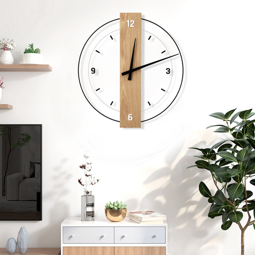 Drewniany zegar ścienny 50 cm, nowoczesny design. Idealny jako cicha dekoracja do salonu lub sypialni.
