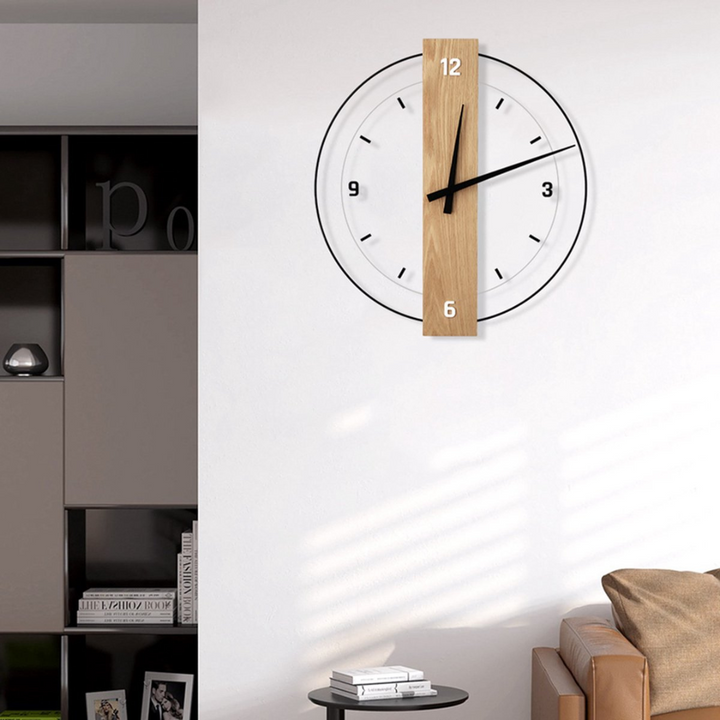 Okrągły, duży drewniany zegar ścienny 40 cm. Cichy mechanizm, idealny do nowoczesnego wystroju salonu.