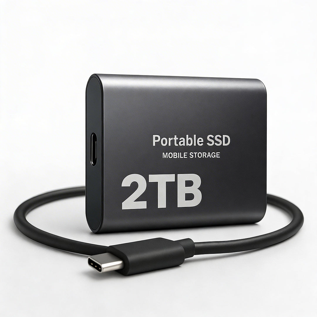 Przenośny zewnętrzny dysk SSD 2TB w kolorze czarnym z kablem USB-C