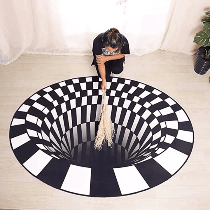 Geometryczny dywan 3D, czarno-biała iluzja optyczna, idealna do salonu, sypialni lub biura.