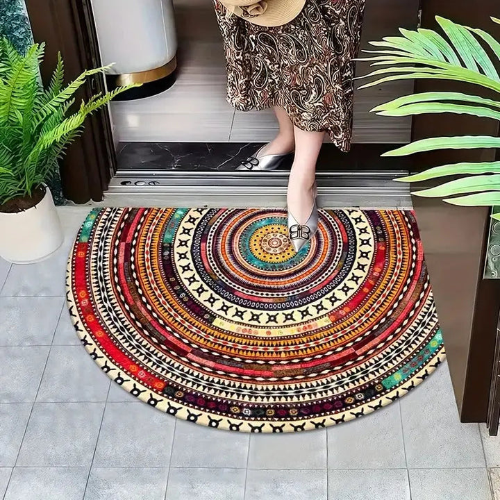 Stylowa wycieraczka wejściowa o półokrągłym kształcie z geometrycznym wzorem boho