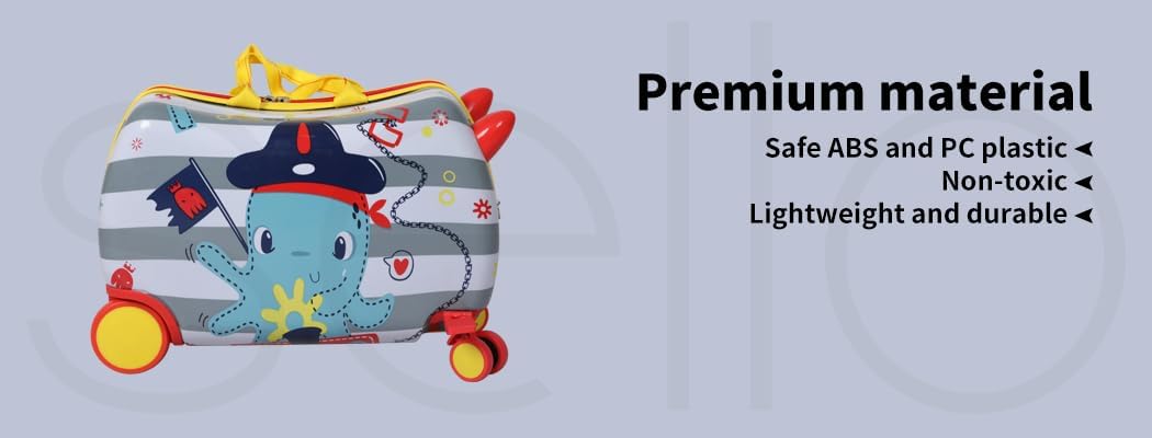 Praktyczna walizka-scooter dziecięca z obrotowymi kółkami 360°, wzór uroczej ośmiornicy.