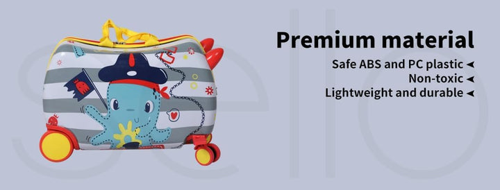 Praktyczna walizka-scooter dziecięca z obrotowymi kółkami 360°, wzór uroczej ośmiornicy.