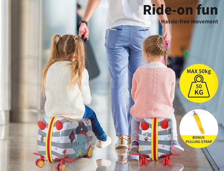 Kolorowa walizka scooter dla dzieci z wytrzymałymi kółkami 360° i grafiką ośmiornicy.