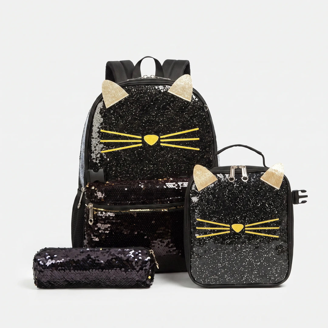 Dziewczęcy plecak szkolny z cekinowym motywem kota, wykonany z tkaniny Oxford. Idealny tornister.