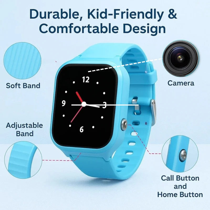 Dziecięcy smartwatch GPS z lokalizatorem i SOS na ręce dziecka, pokazuje aktualną godzinę i datę.