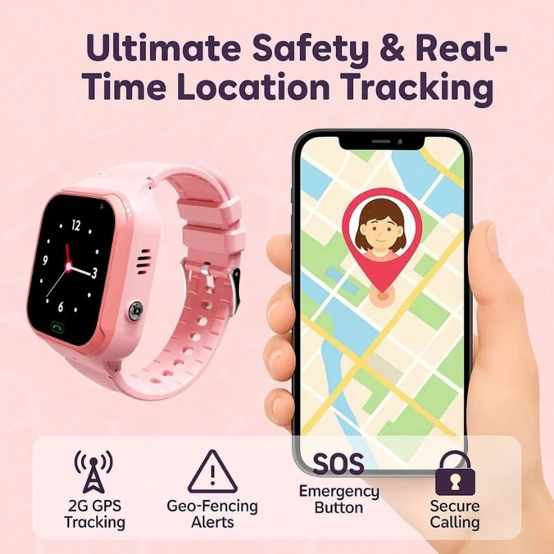 Dziecko bawi się na placu zabaw, nosząc smartwatch z GPS, który monitoruje jego bezpieczeństwo.