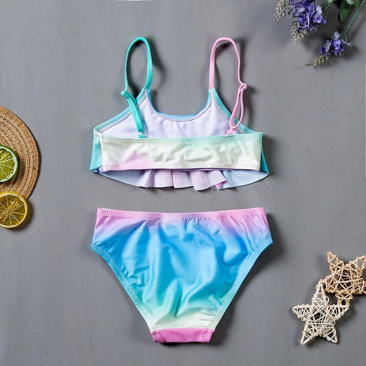 Dziecięce bikini ombre dla dziewczynki, dwuczęściowy strój kąpielowy z falbanką, modne kolory na plażę.