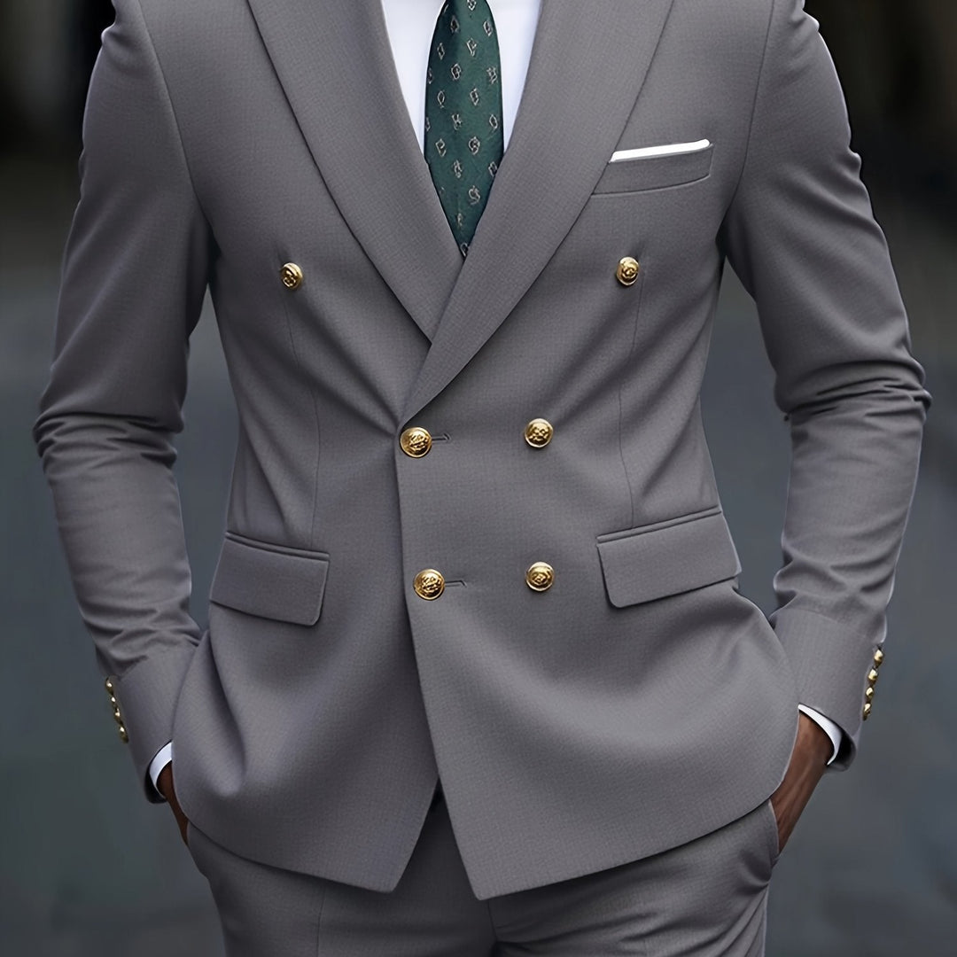 Moda męska, garnitur dwurzędowy Weston w stylizacji formalnej