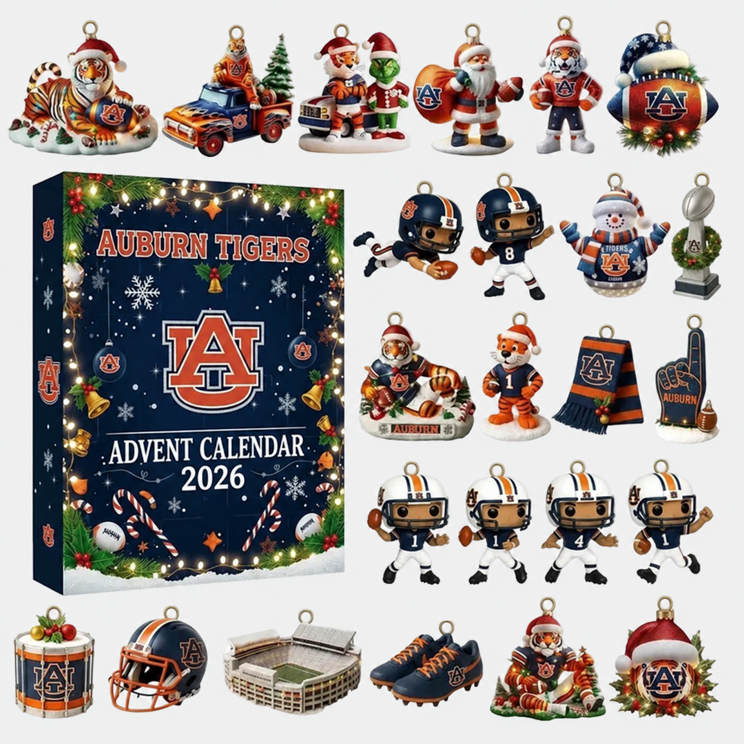 Świąteczny kalendarz adwentowy Auburn Tigers wraz z kolekcją 25 figurek i ozdób prezentowych.