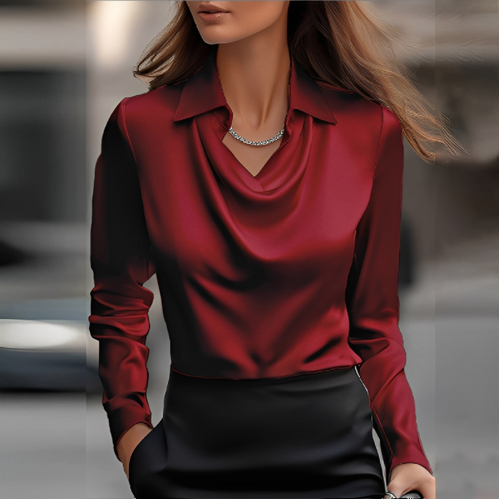Damska elegancka bluzka Sélène, must-have z drapowanym kołnierzem.