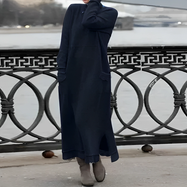 Komfortowa sukienka damska Karina z długim rękawem, ciepła na zimę. Modna sukienka maxi z kieszeniami.