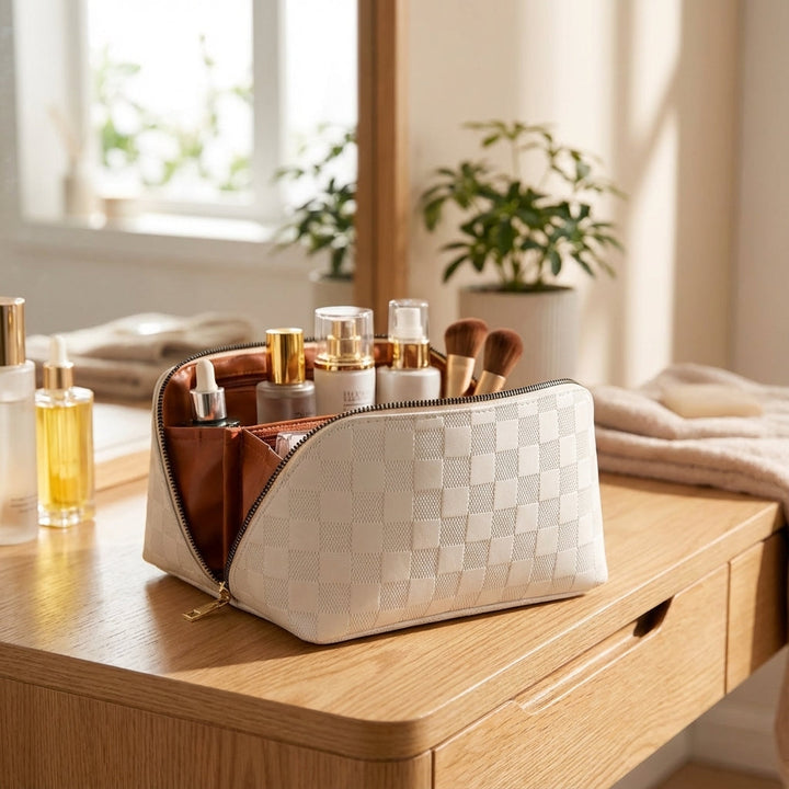 Elegancka damska kosmetyczka podróżna Luxepack. Organizer na makijaż i kosmetyki, wodoodporna, skórzana.