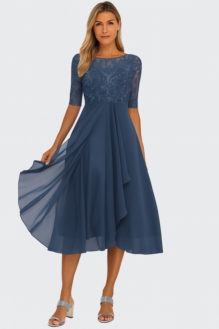 Elegancka sukienka damska koronkowa midi Ximena. Krój A, półrękaw. Doskonała na wesele, wieczorowa, wizytowa.