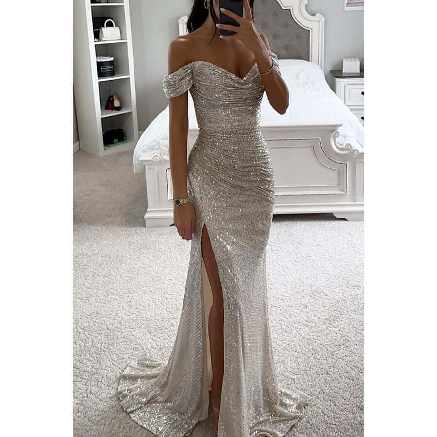 Lśniąca damska sukienka koktajlowa z cekinami na bal, długa i elegancka.