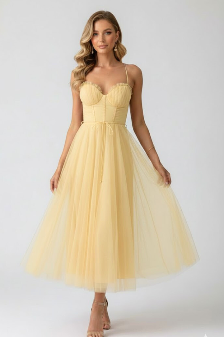 Modna wieczorowa sukienka midi damska, z dekoltem sweetheart, na specjalne okazje i eleganckie przyjęcia.