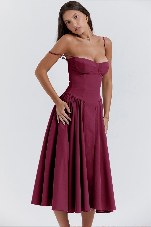 Damska sukienka midi, gorsetowy top, fason A-linii. Elegancka letnia sukienka na wiele okazji.