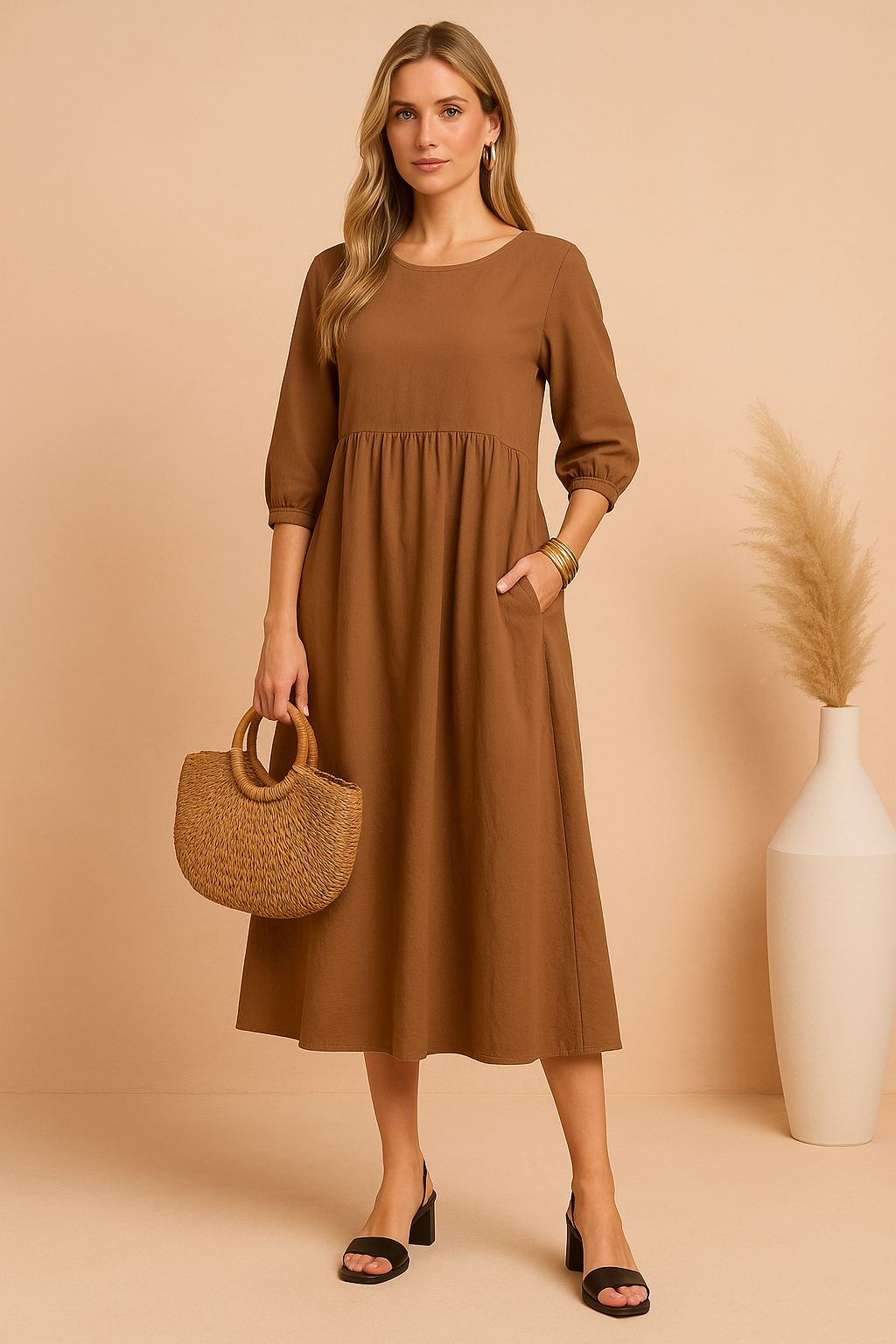 Kobieta w eleganckiej sukience midi z rękawem 3/4, idealnej na spotkanie biznesowe lub casualowy dzień.