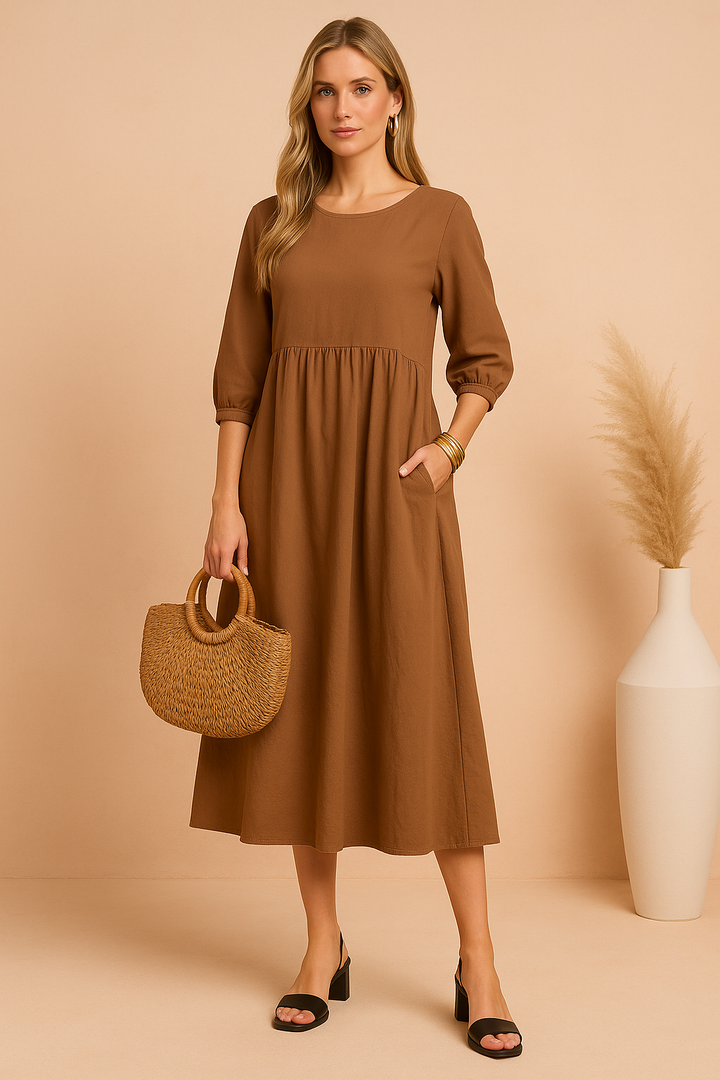 Kobieta w eleganckiej sukience midi z rękawem 3/4, idealnej na spotkanie biznesowe lub casualowy dzień.